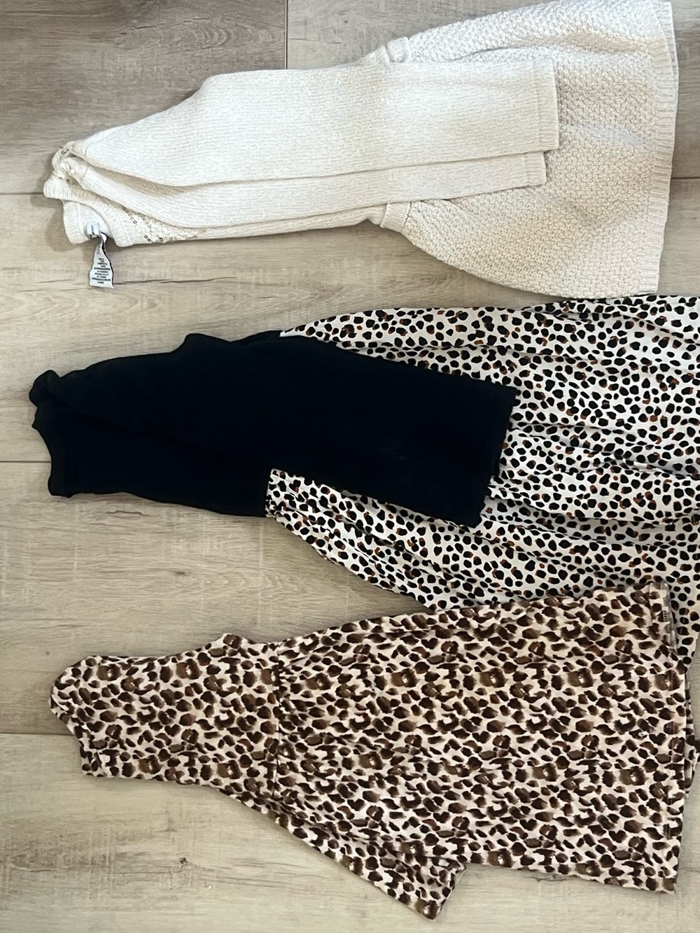 4T Winter Girls: Neutral & Leopard Knit Dresses Bundle - Cream, Black, Brown